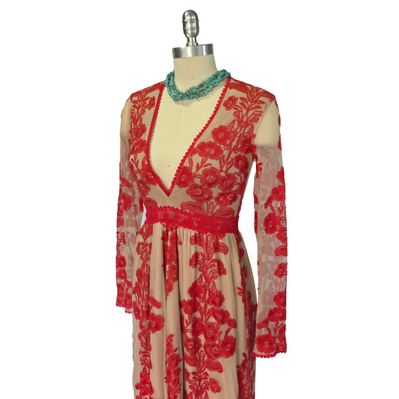 For Love & Lemons Temecula Maxi Dress Size S Red Embroidered Mesh Deep V Neck - Picture 6 of 9